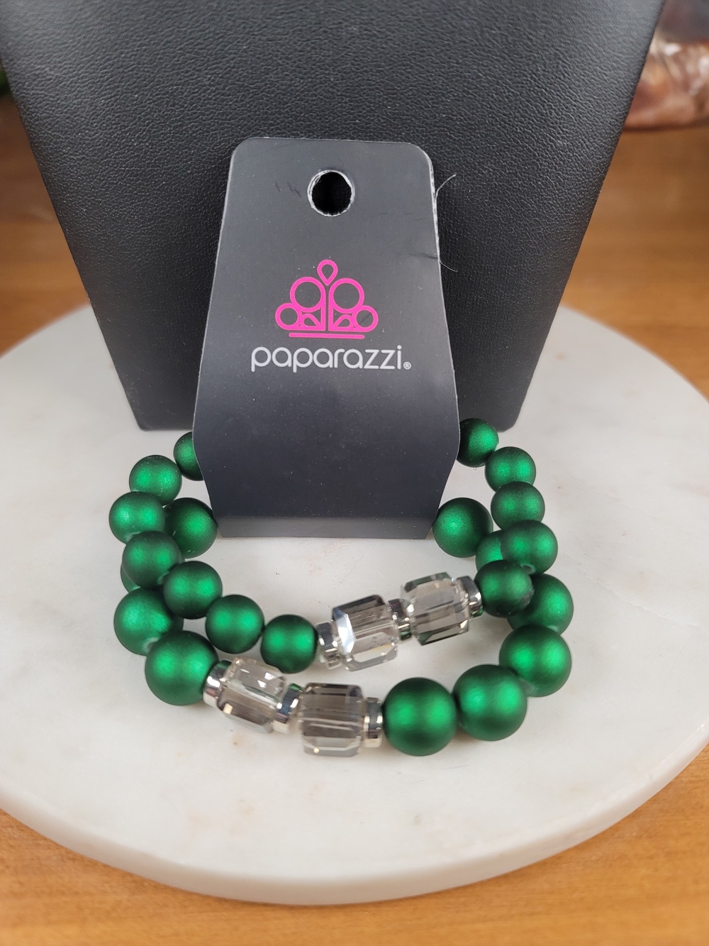 Paparazzi Matte Emerald Bead Stretch Bracelet with Faceted Crystal Accents